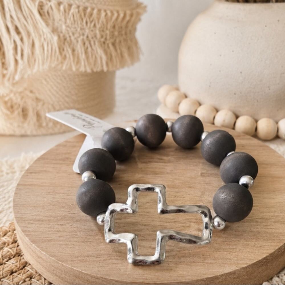 Pomina Gray Wood Beaded Stretch Cross Silver Bracelet New
